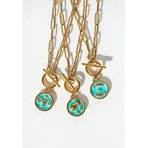 Zodiac Pendant Necklace Waterproof Gold Toggle Clasp Turquoise pendant Necklace - Picture 5 of 16